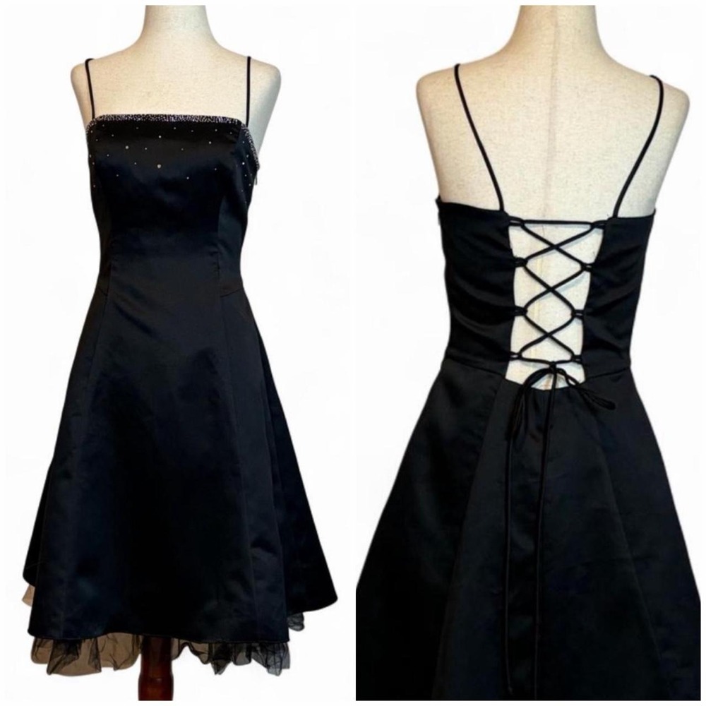 Vintage 90s/y2k black rhinestone lace-up back party dress